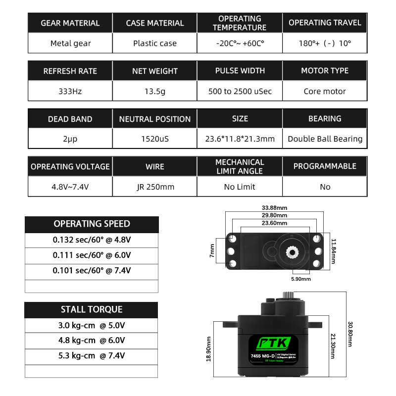 Servo Digital PTK 7455MG-D 12g - Servo 9G avaliação e preço