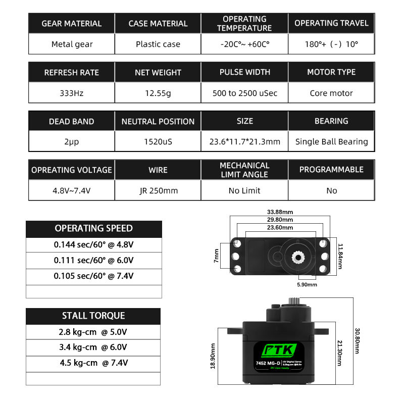 Servo Digital PTK 7452 MG-D 9g - Servo 9G avaliação e preço